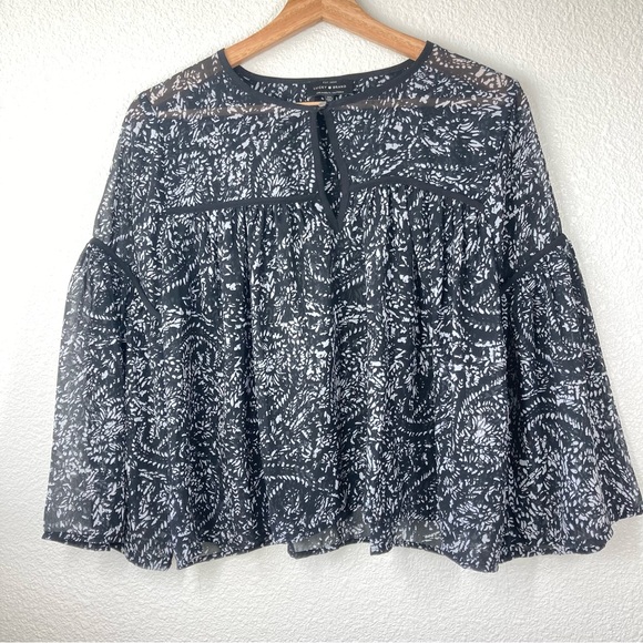 Lucky Brand Sheer Flowy Boho Top XS  Black and white Floral Bell Sleeves - Picture 3 of 16